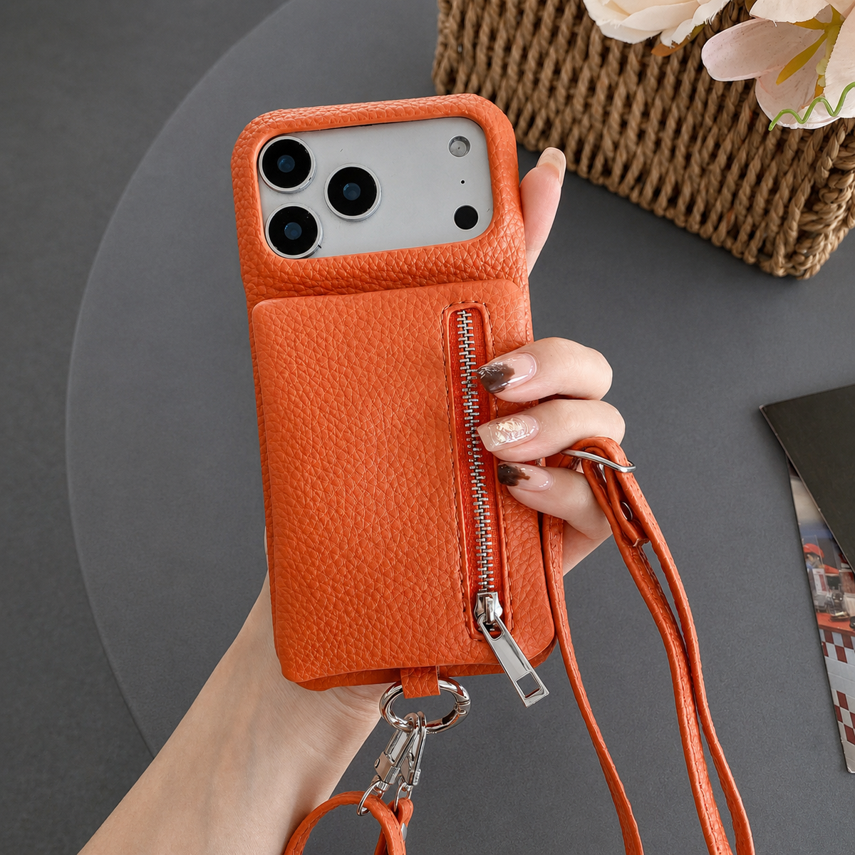 Premium iPhone Case Crossbody Leather Zippered Wallet Card Holder Protective Cover Shockproof Anti Scratch Strap Storage Slim Travel Phone Case Design