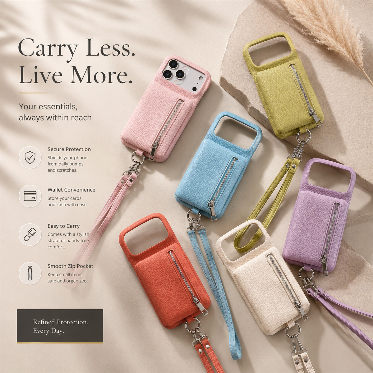 Premium iPhone Case Crossbody Leather Zippered Wallet Card Holder Protective Cover Shockproof Anti Scratch Strap Storage Slim Travel Phone Case Design