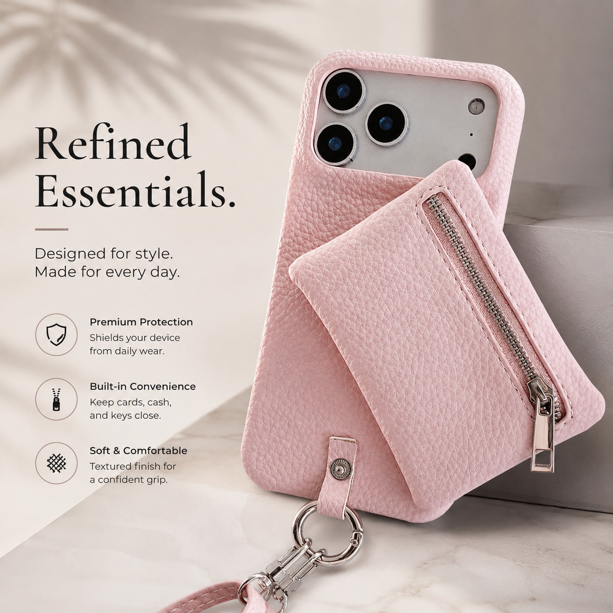 Premium iPhone Case Crossbody Leather Zippered Wallet Card Holder Protective Cover Shockproof Anti Scratch Strap Storage Slim Travel Phone Case Design