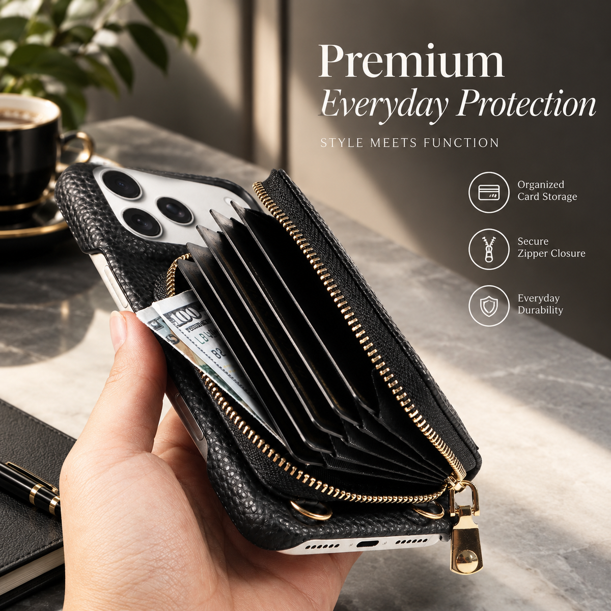 Premium iPhone Case Crossbody PU Leather Wallet Card Holder Shockproof Protective Cover Strap Storage Slim Business Soft Touch Phone Case