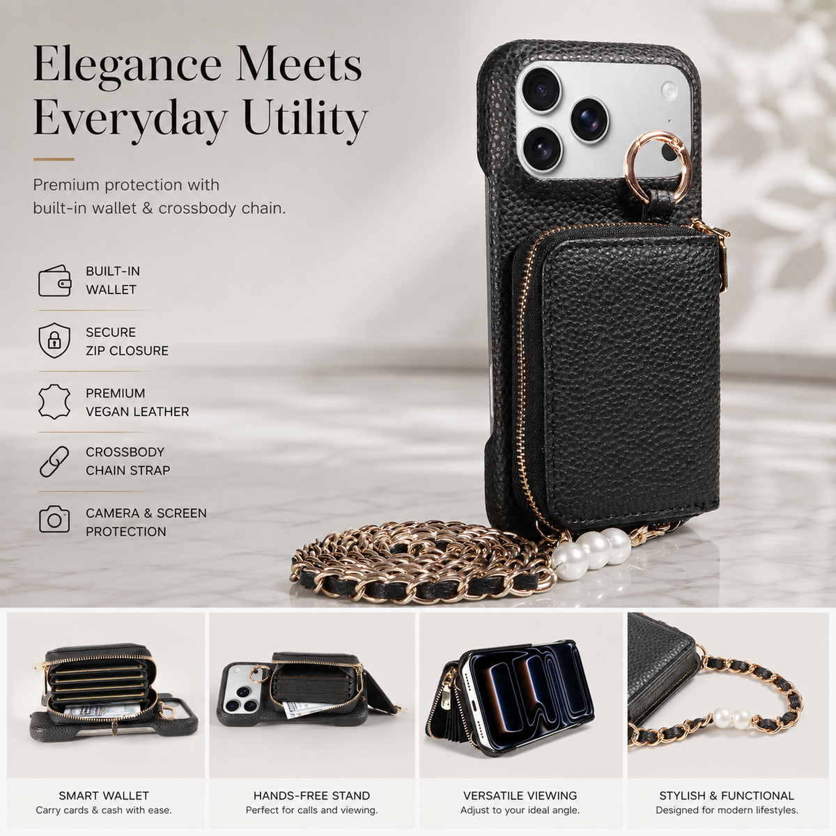 Premium iPhone Case Crossbody PU Leather Wallet Card Holder Shockproof Protective Cover Strap Storage Slim Business Soft Touch Phone Case