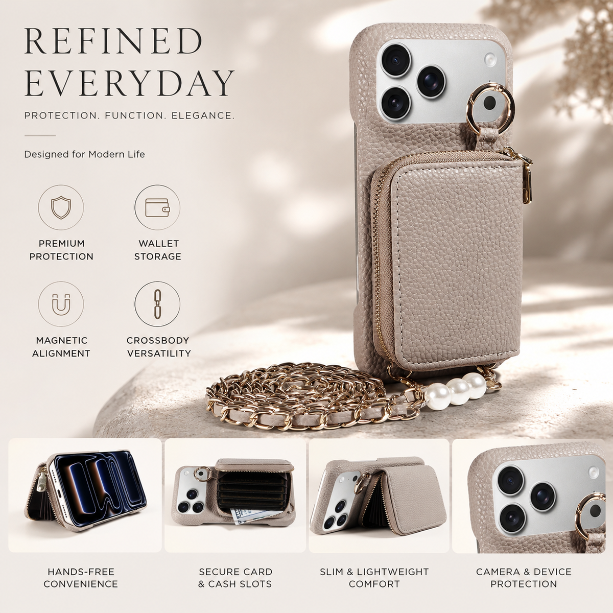 Premium iPhone Case Crossbody PU Leather Wallet Card Holder Shockproof Protective Cover Strap Storage Slim Business Soft Touch Phone Case