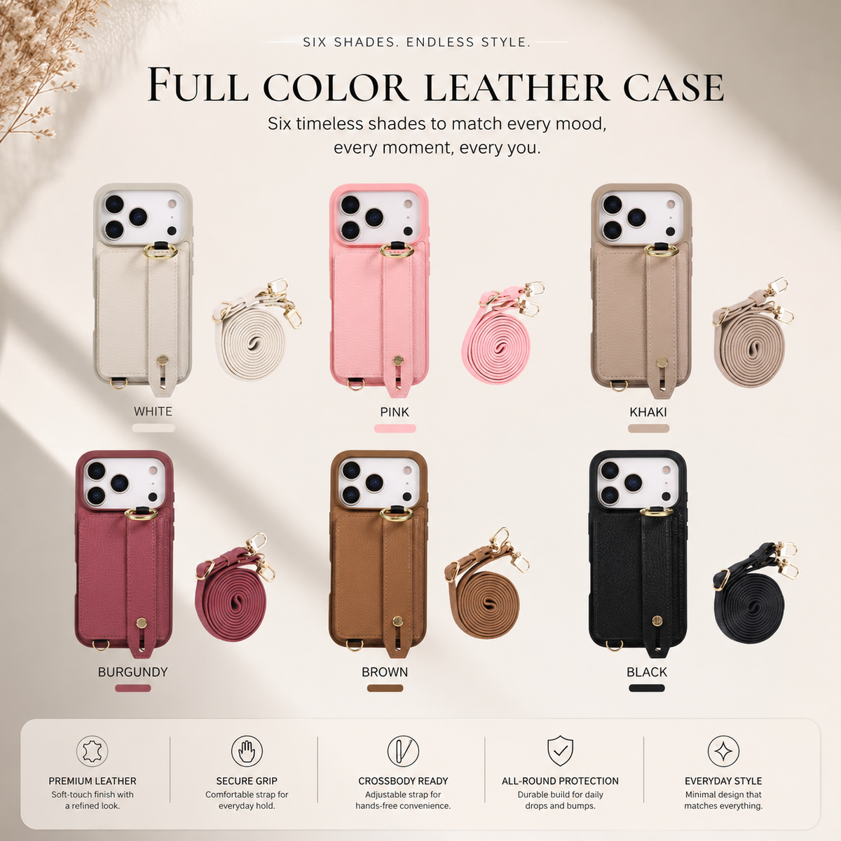 Premium iPhone Case Crossbody PU Leather Wallet Cash Card Holder Mirror Kickstand Lanyard Shockproof Storage Non Slip Protective Phone Cover Case