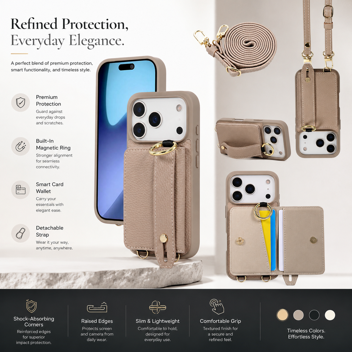 Premium iPhone Case Crossbody PU Leather Wallet Cash Card Holder Mirror Kickstand Lanyard Shockproof Storage Non Slip Protective Phone Cover Case
