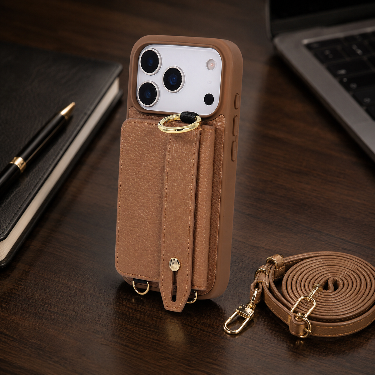 Premium iPhone Case Crossbody PU Leather Wallet Cash Card Holder Mirror Kickstand Lanyard Shockproof Storage Non Slip Protective Phone Cover Case