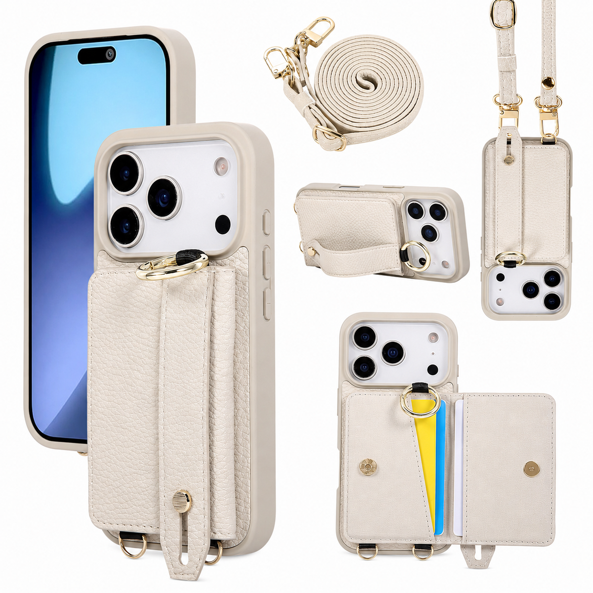 Premium iPhone Case Crossbody PU Leather Wallet Cash Card Holder Mirror Kickstand Lanyard Shockproof Storage Non Slip Protective Phone Cover Case