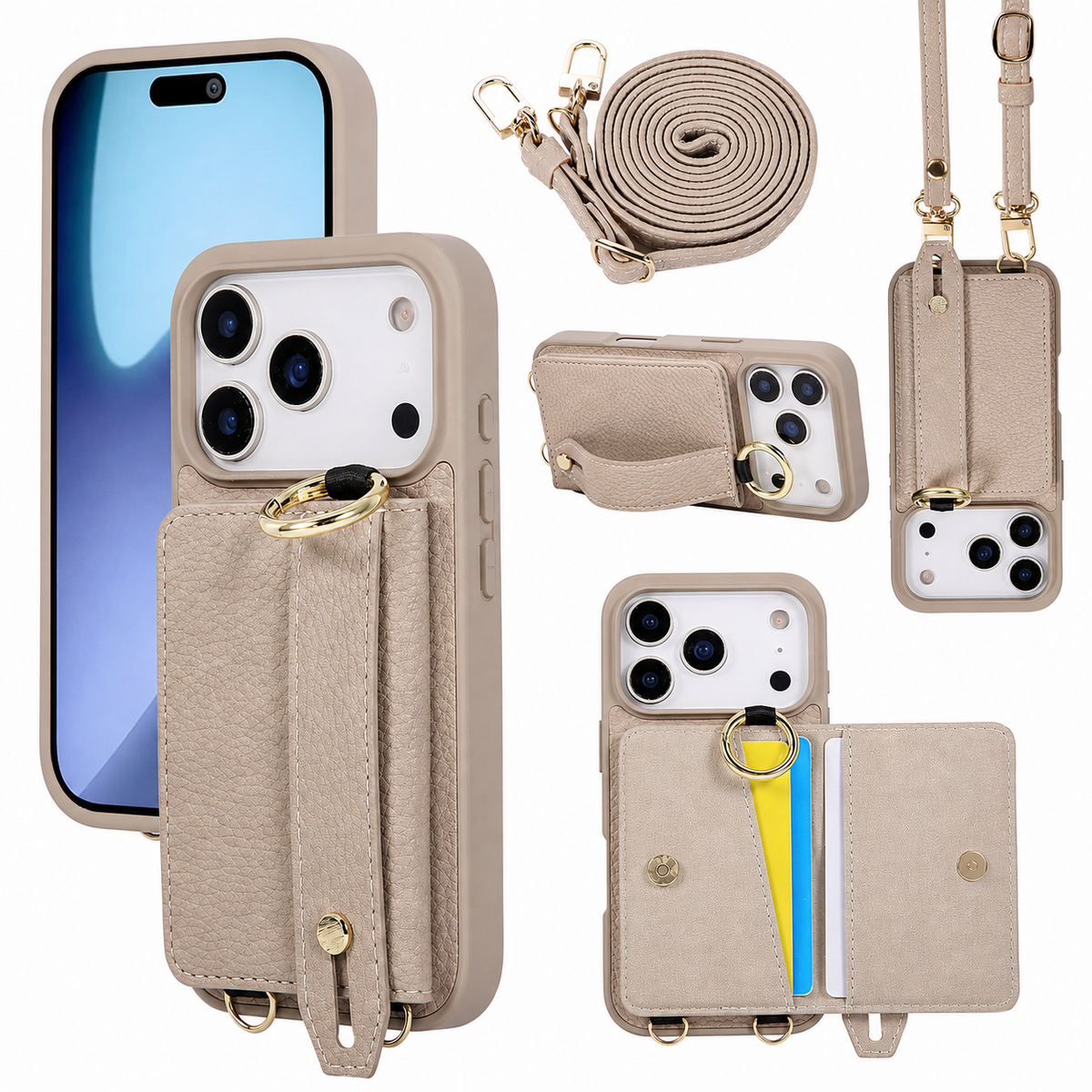 Premium iPhone Case Crossbody PU Leather Wallet Cash Card Holder Mirror Kickstand Lanyard Shockproof Storage Non Slip Protective Phone Cover Case