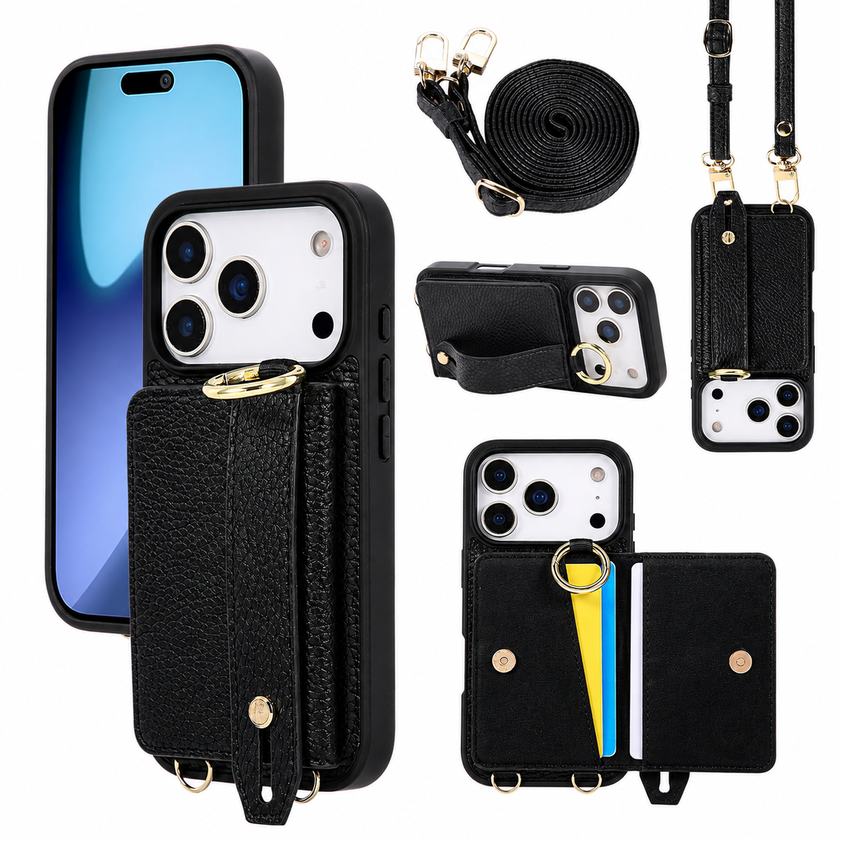 Premium iPhone Case Crossbody PU Leather Wallet Cash Card Holder Mirror Kickstand Lanyard Shockproof Storage Non Slip Protective Phone Cover Case