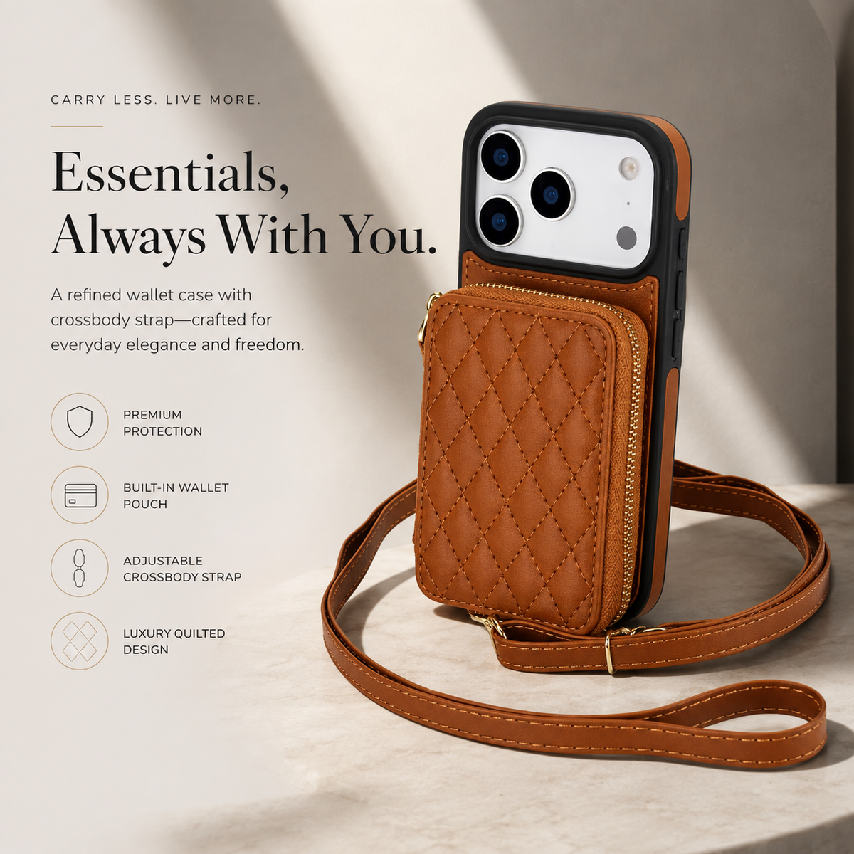 Premium iPhone Case Crossbody RFID Wallet Folio Card Holder Zipper Pocket Kickstand Wrist Strap Lanyard Protective Cover Leather Secure Storage
