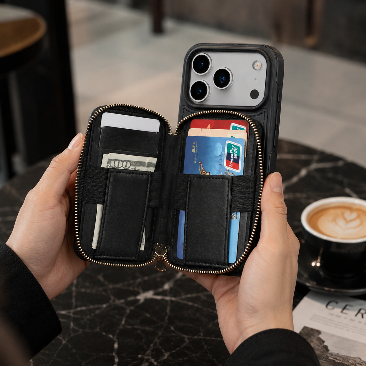 Premium iPhone Case Crossbody RFID Wallet Folio Card Holder Zipper Pocket Kickstand Wrist Strap Lanyard Protective Cover Leather Secure Storage
