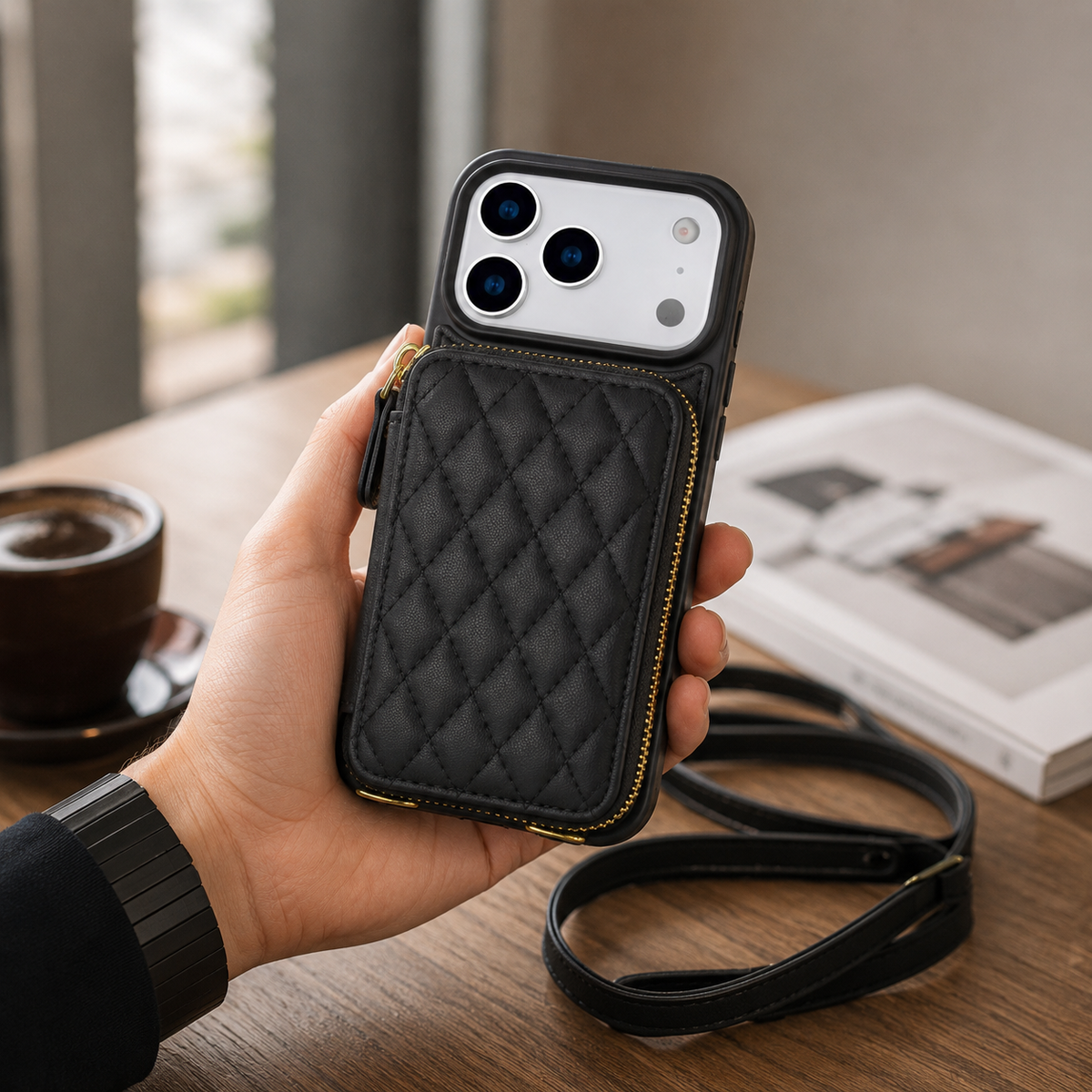 Premium iPhone Case Crossbody RFID Wallet Folio Card Holder Zipper Pocket Kickstand Wrist Strap Lanyard Protective Cover Leather Secure Storage