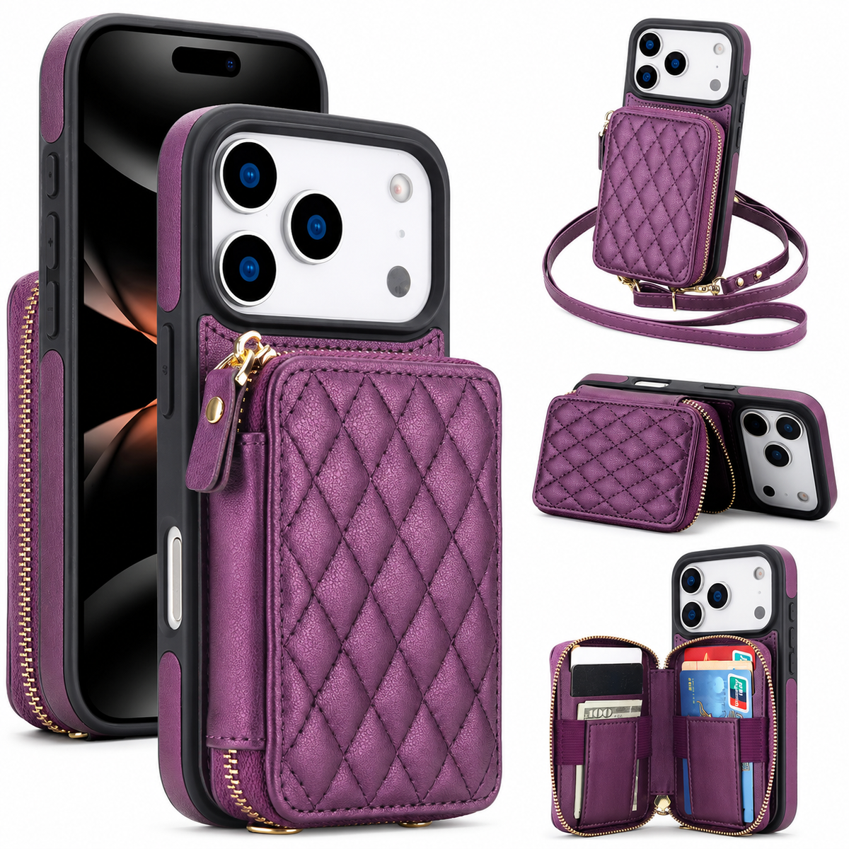 Premium iPhone Case Crossbody RFID Wallet Folio Card Holder Zipper Pocket Kickstand Wrist Strap Lanyard Protective Cover Leather Secure Storage