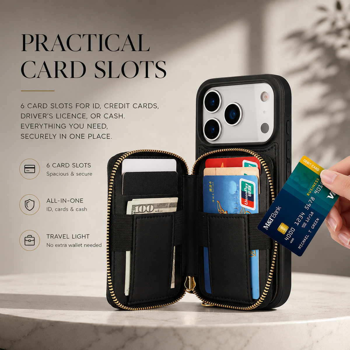 Premium iPhone Case Crossbody RFID Wallet Folio Card Holder Zipper Pocket Kickstand Wrist Strap Lanyard Protective Cover Leather Secure Storage