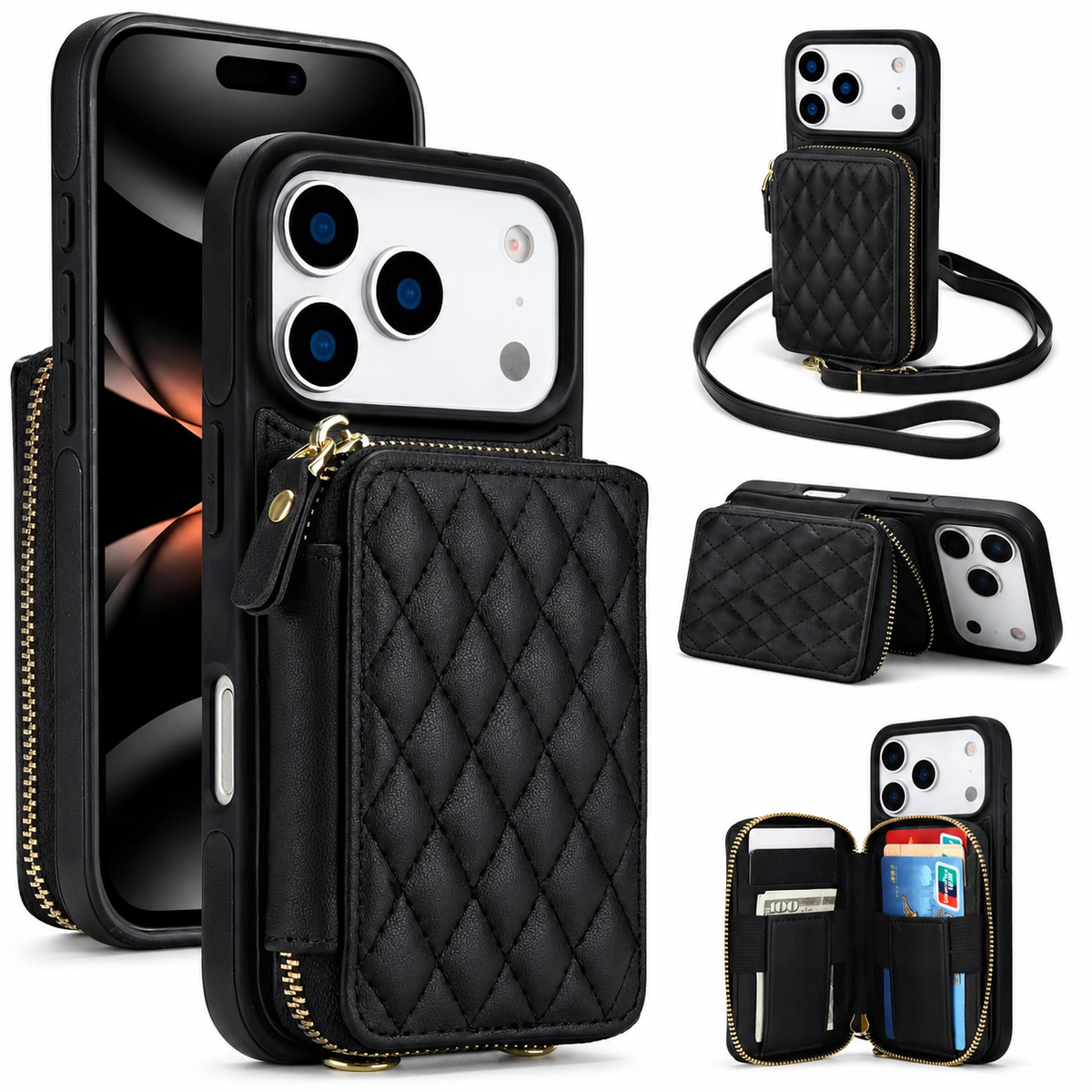 Premium iPhone Case Crossbody RFID Wallet Folio Card Holder Zipper Pocket Kickstand Wrist Strap Lanyard Protective Cover Leather Secure Storage