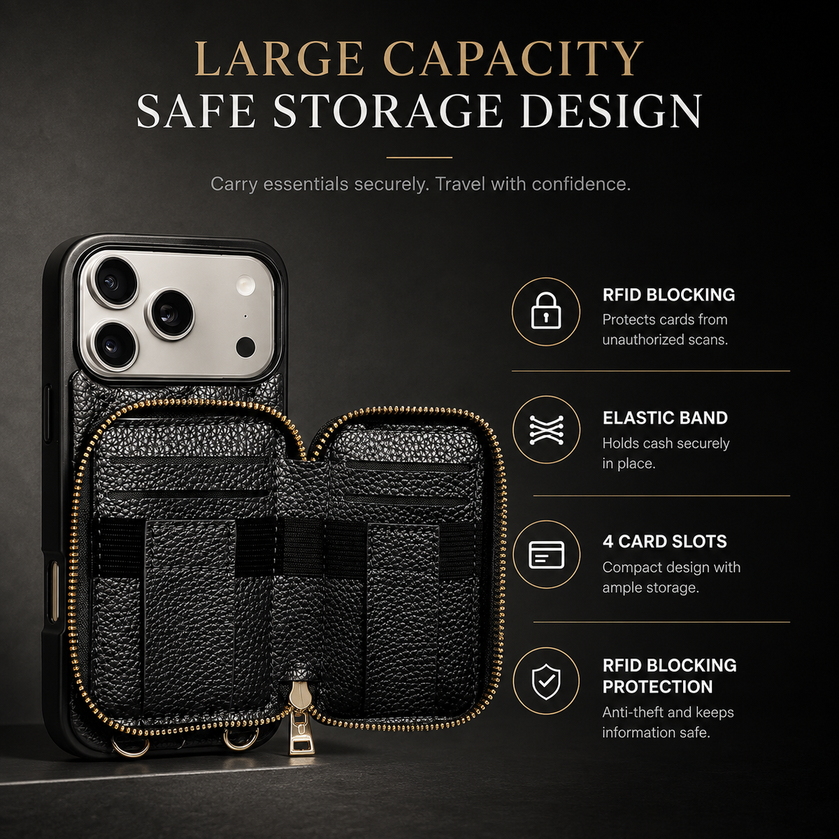 Premium iPhone Case Crossbody RFID Wallet PU Leather Card Holder Wrist Strap Protective Pouch Shockproof Anti Scratch Secure Storage Full Coverage