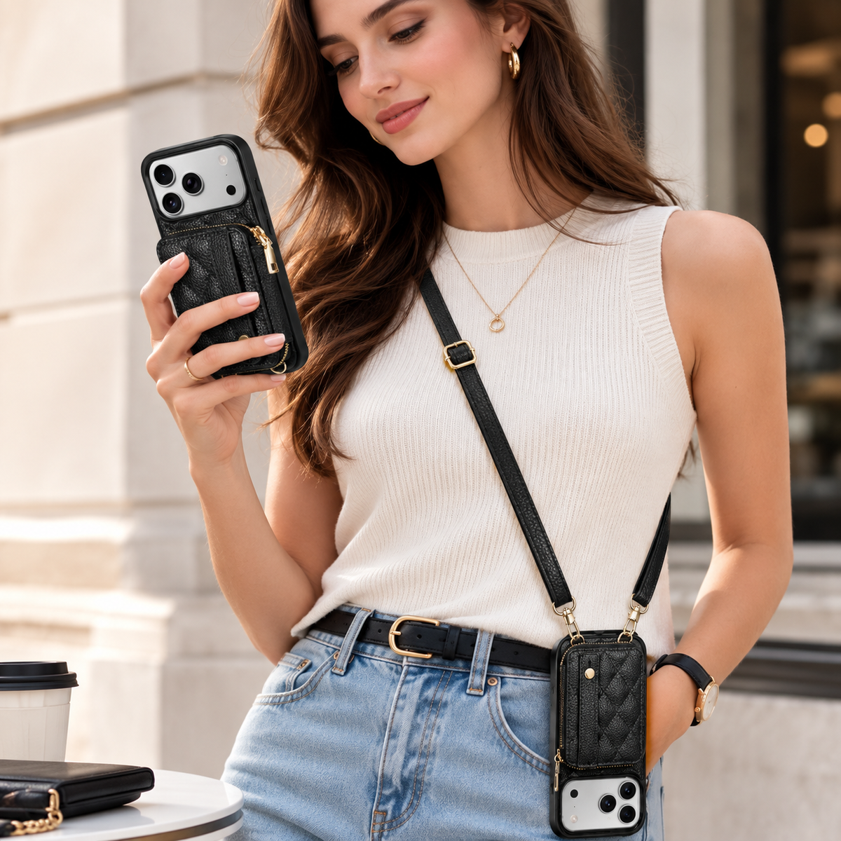 Premium iPhone Case Crossbody RFID Wallet PU Leather Card Holder Wrist Strap Protective Pouch Shockproof Anti Scratch Secure Storage Full Coverage