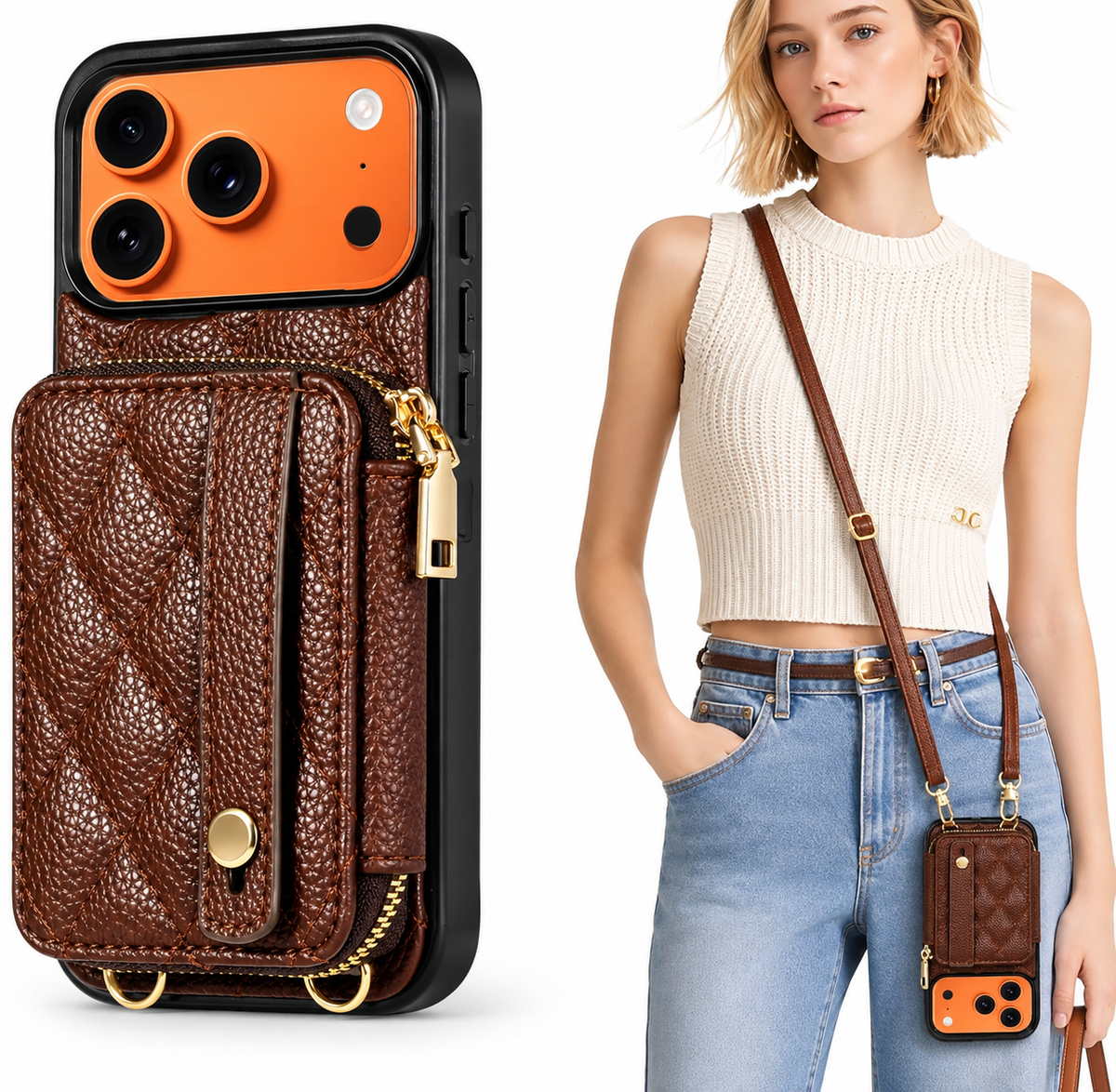 Premium iPhone Case Crossbody RFID Wallet PU Leather Card Holder Wrist Strap Protective Pouch Shockproof Anti Scratch Secure Storage Full Coverage
