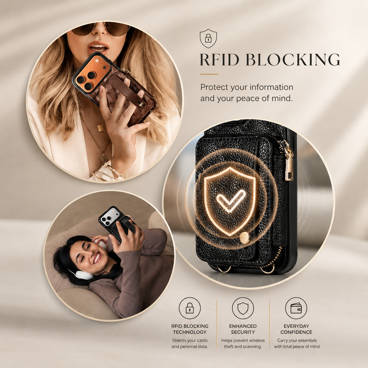 Premium iPhone Case Crossbody RFID Wallet PU Leather Card Holder Wrist Strap Protective Pouch Shockproof Anti Scratch Secure Storage Full Coverage