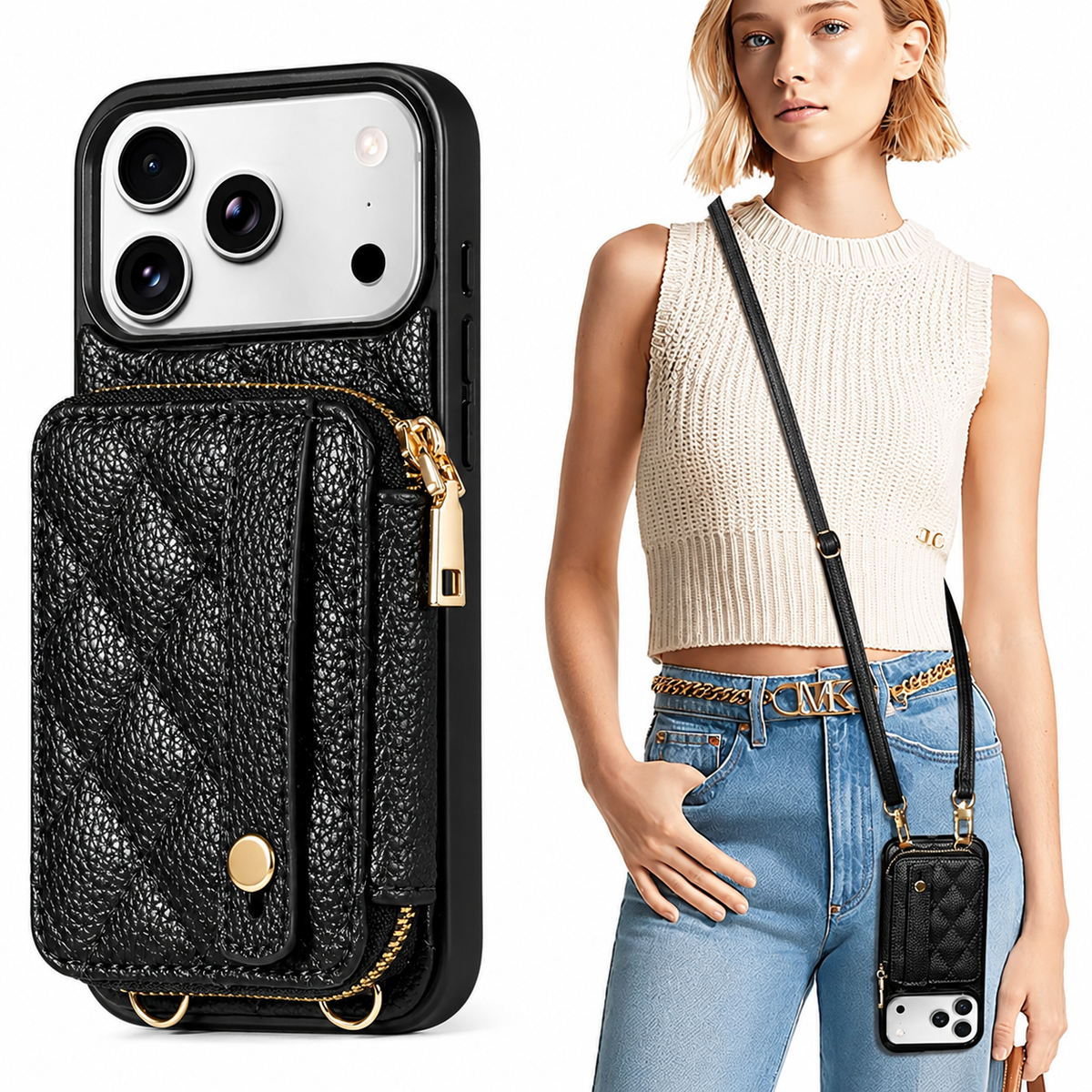 Premium iPhone Case Crossbody RFID Wallet PU Leather Card Holder Wrist Strap Protective Pouch Shockproof Anti Scratch Secure Storage Full Coverage