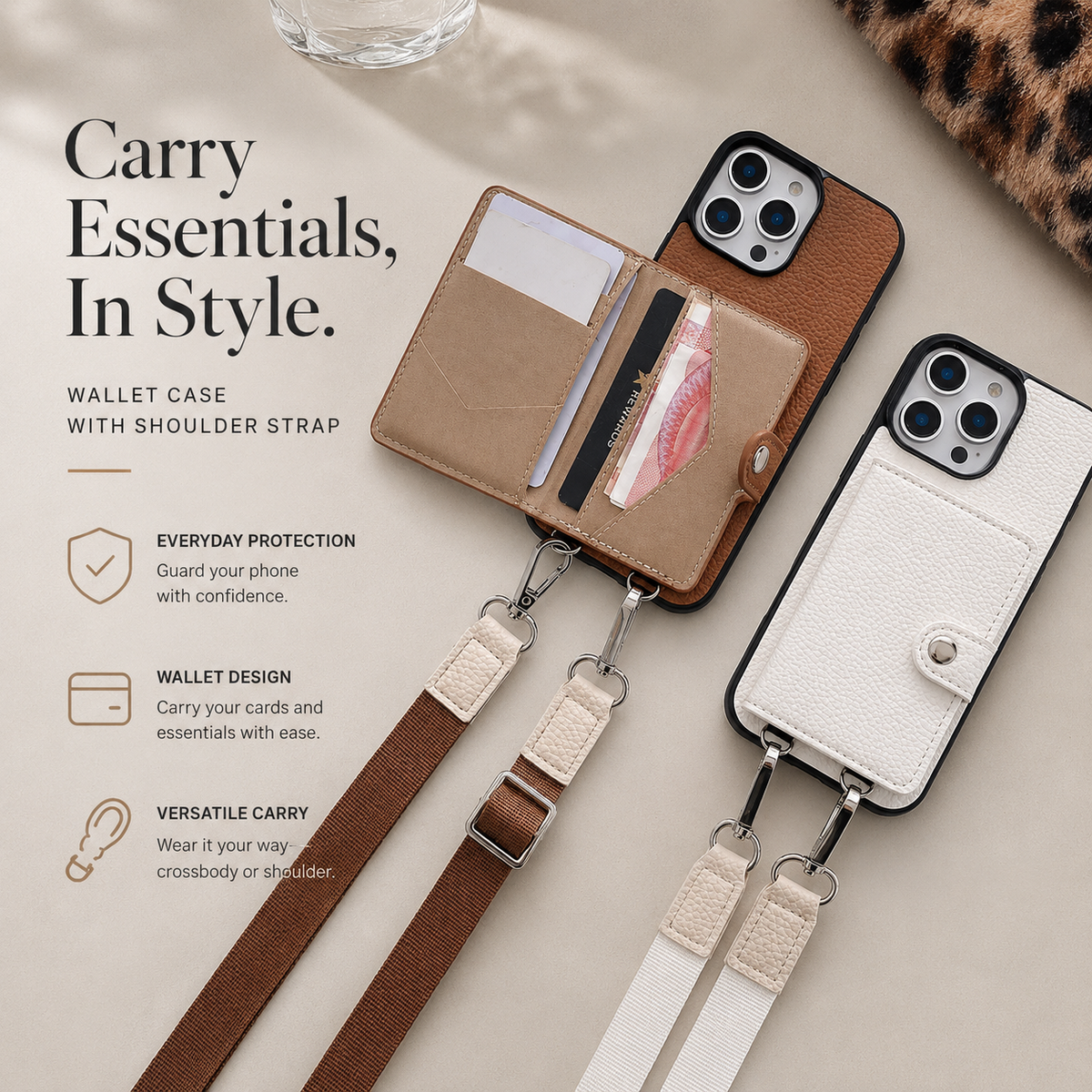 Premium iPhone Case Crossbody Wallet Cover PU Leather Card Holder Coin Pocket RFID Protection Magnetic Closure Shoulder Strap Shockproof Full Protection Slim Design