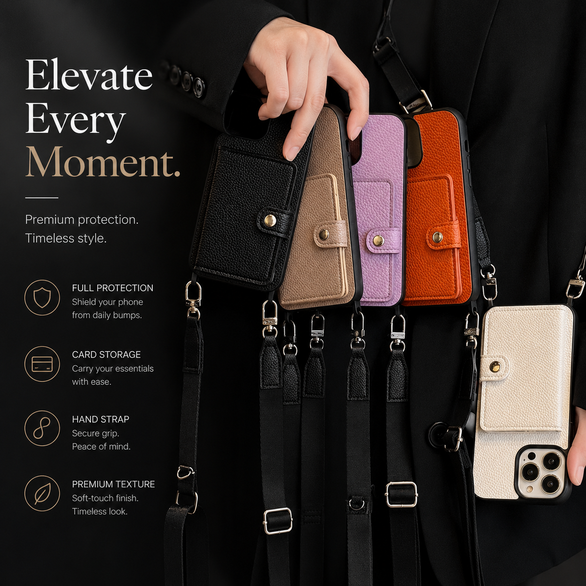 Premium iPhone Case Crossbody Wallet Cover PU Leather Card Holder Coin Pocket RFID Protection Magnetic Closure Shoulder Strap Shockproof Full Protection Slim Design