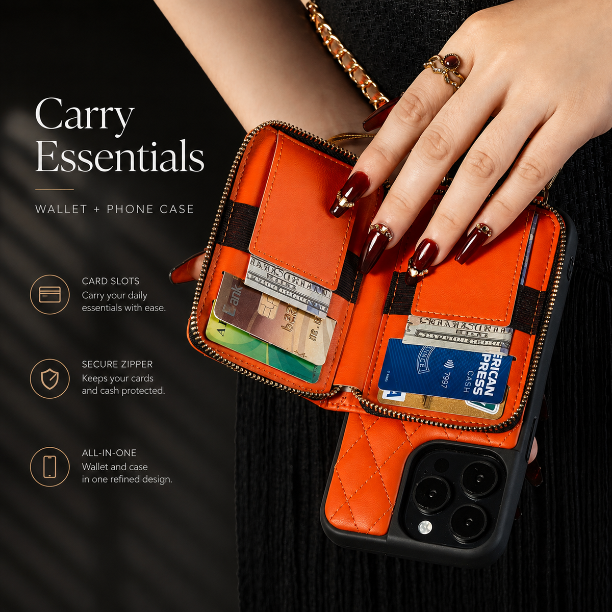 Premium iPhone Case Crossbody Wallet Leather Card Holder Chain Strap Diamond Stitch Shockproof Protective Cover Non Slip Slim Lightweight Phone Bag