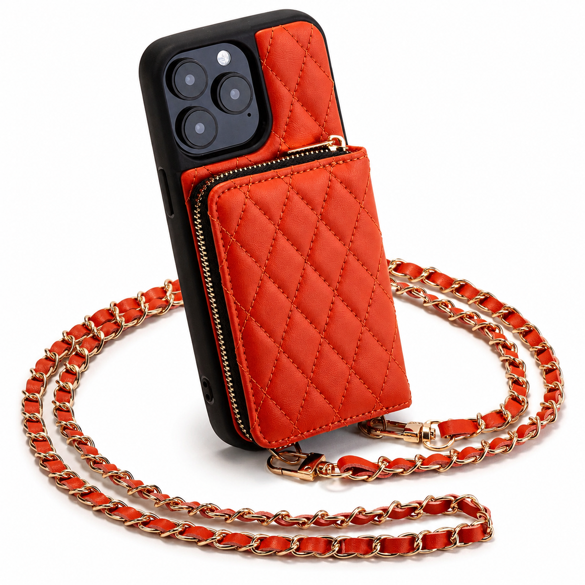 Premium iPhone Case Crossbody Wallet Leather Card Holder Chain Strap Diamond Stitch Shockproof Protective Cover Non Slip Slim Lightweight Phone Bag