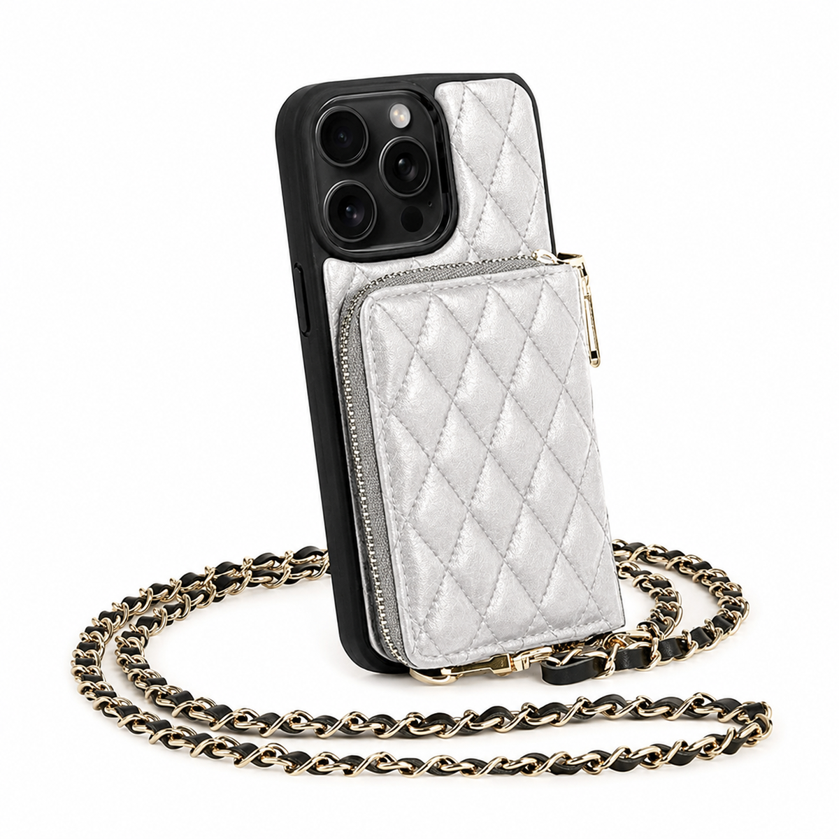 Premium iPhone Case Crossbody Wallet Leather Card Holder Chain Strap Diamond Stitch Shockproof Protective Cover Non Slip Slim Lightweight Phone Bag