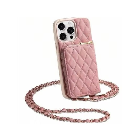 Premium iPhone Case Crossbody Wallet Leather Card Holder Chain Strap Diamond Stitch Shockproof Protective Cover Non Slip Slim Lightweight Phone Bag