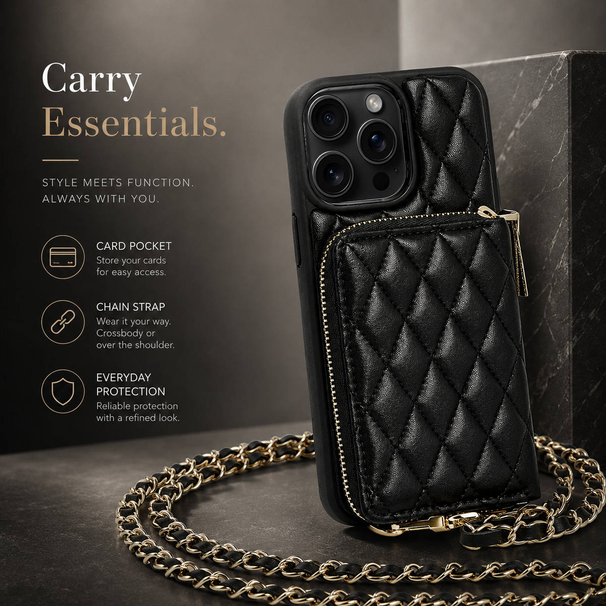 Premium iPhone Case Crossbody Wallet Leather Card Holder Chain Strap Diamond Stitch Shockproof Protective Cover Non Slip Slim Lightweight Phone Bag