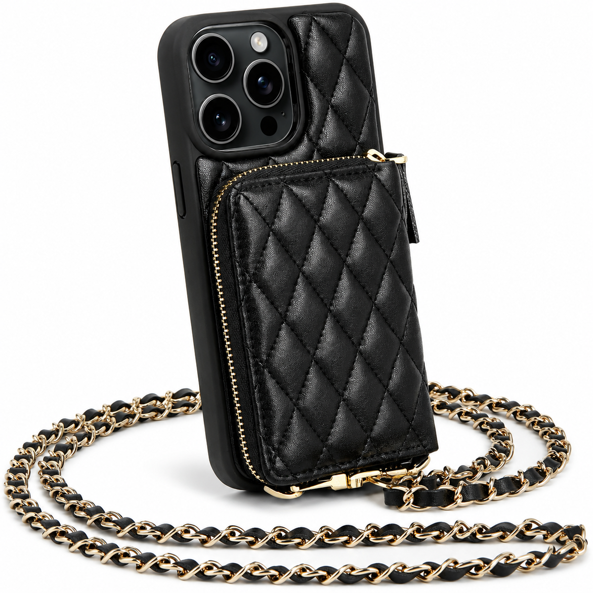 Premium iPhone Case Crossbody Wallet Leather Card Holder Chain Strap Diamond Stitch Shockproof Protective Cover Non Slip Slim Lightweight Phone Bag