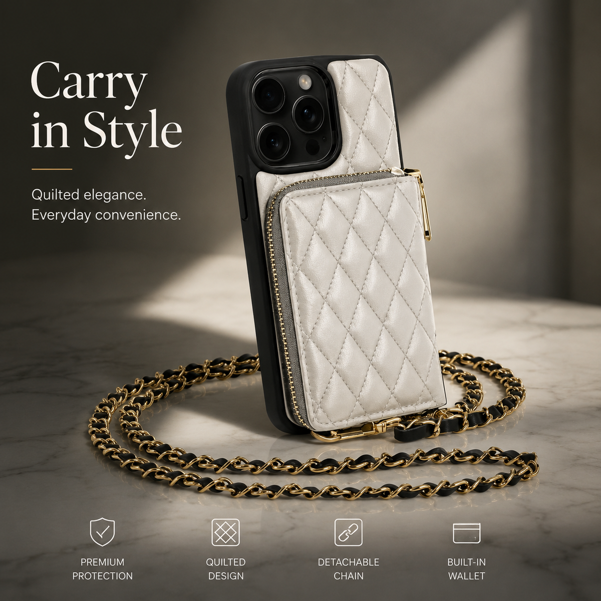 Premium iPhone Case Crossbody Wallet Leather Card Holder Chain Strap Shockproof Protective Cover Diamond Stitch Non Slip Slim Portable Phone Bag