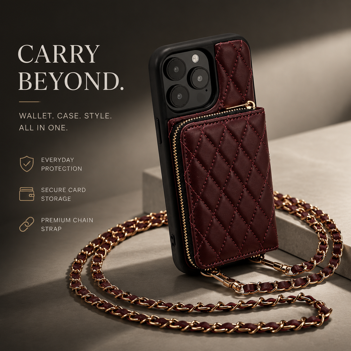 Premium iPhone Case Crossbody Wallet Leather Card Holder Chain Strap Shockproof Protective Cover Diamond Stitch Non Slip Slim Portable Phone Bag