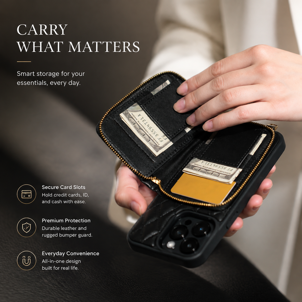 Premium iPhone Case Crossbody Wallet Leather Card Holder Chain Strap Shockproof Protective Cover Diamond Stitch Non Slip Slim Portable Phone Bag