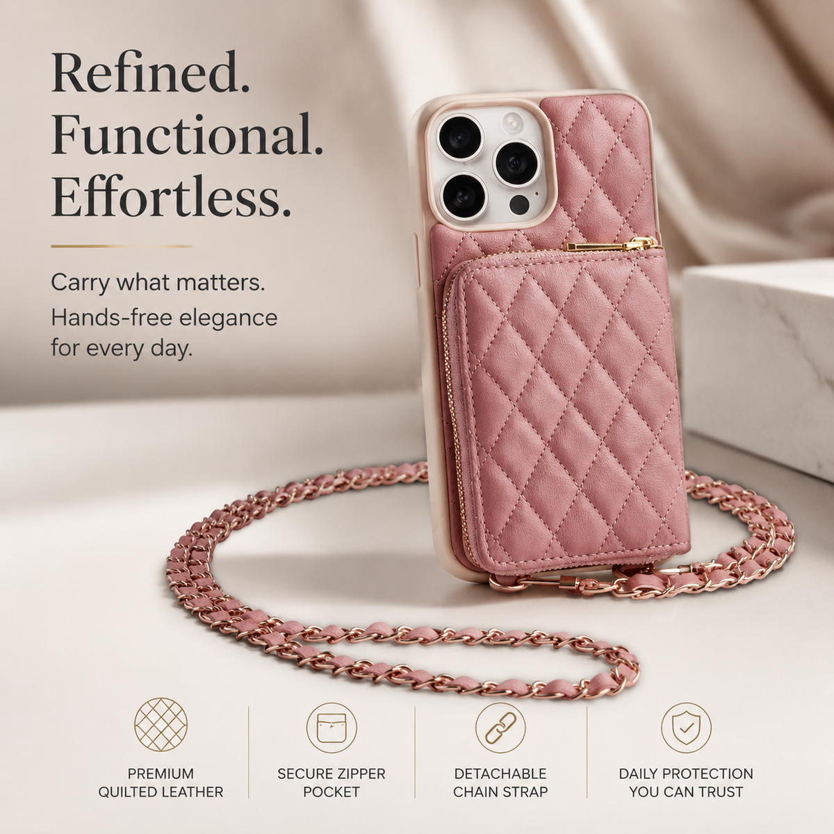 Premium iPhone Case Crossbody Wallet Leather Card Holder Chain Strap Shockproof Protective Cover Diamond Stitch Non Slip Slim Portable Phone Bag