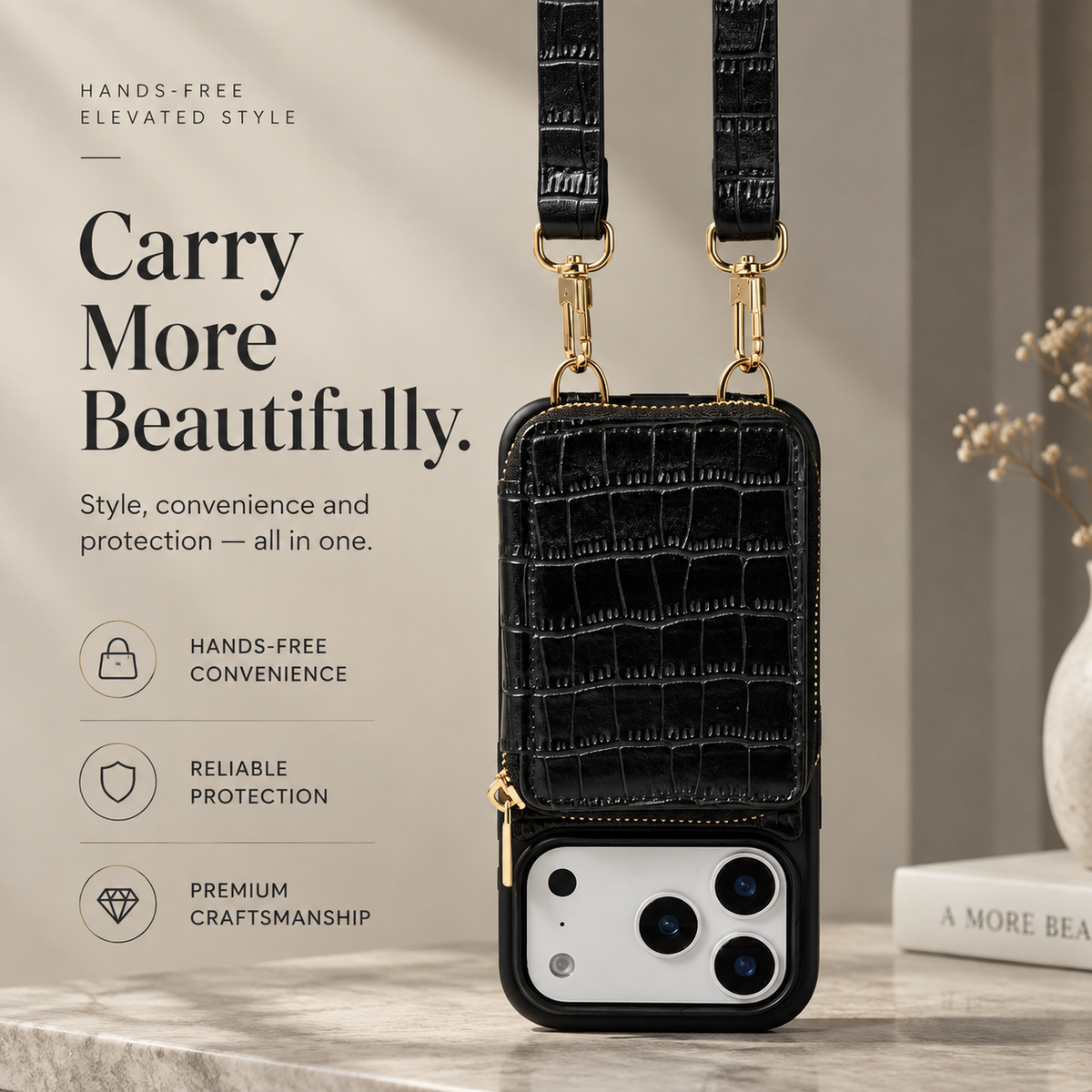 Premium iPhone Case Crossbody Wallet Leather Card Holder Lanyard Crocodile Pattern Protective Cover Anti Fingerprint Slim Soft Shockproof Lightweight Grip