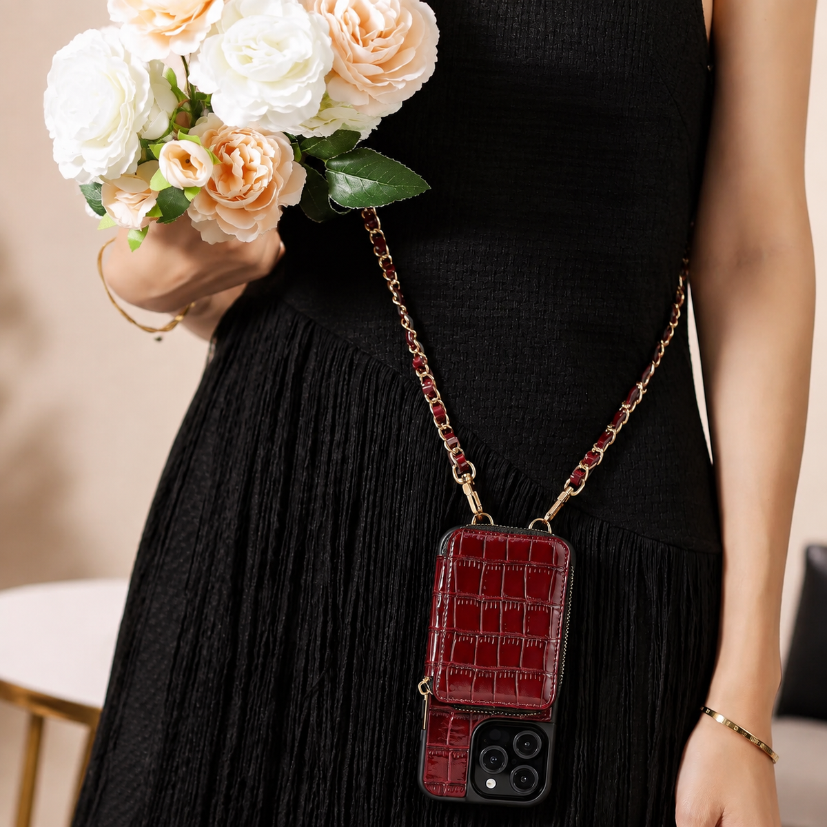 Premium iPhone Case Crossbody Wallet Leather Card Holder Lanyard Crocodile Pattern Protective Cover Anti Fingerprint Slim Soft Shockproof Lightweight Grip