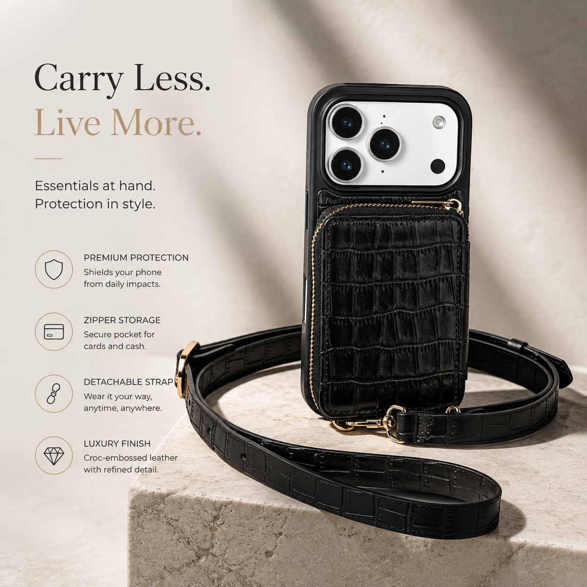 Premium iPhone Case Crossbody Wallet Leather Card Holder Lanyard Crocodile Pattern Protective Cover Anti Fingerprint Slim Soft Shockproof Lightweight Grip