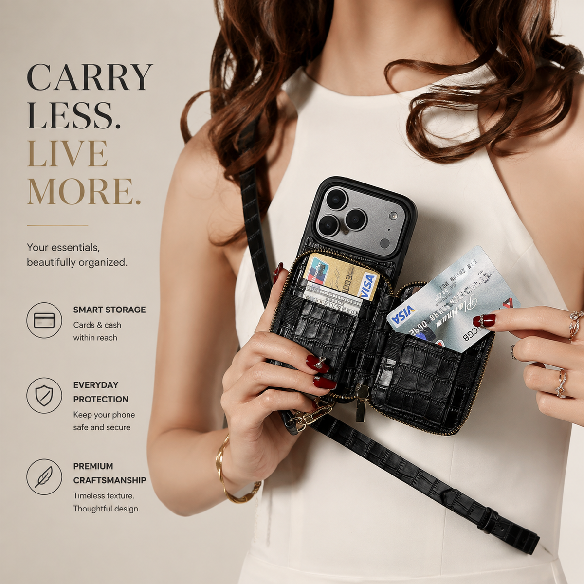 Premium iPhone Case Crossbody Wallet Leather Card Holder Lanyard Crocodile Pattern Protective Cover Anti Fingerprint Slim Soft Shockproof Lightweight Grip