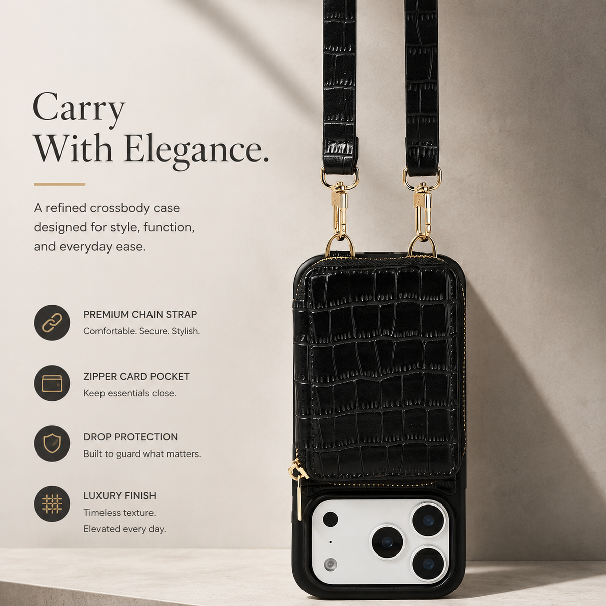 Premium iPhone Case Crossbody Wallet Leather Card Holder Lanyard Crocodile Pattern Protective Cover Anti Fingerprint Slim Soft Shockproof Lightweight Grip