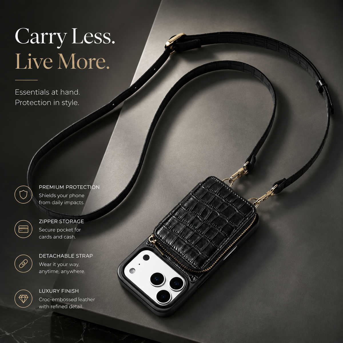 Premium iPhone Case Crossbody Wallet Leather Card Holder Lanyard Crocodile Pattern Protective Cover Anti Fingerprint Slim Soft Shockproof Lightweight Grip