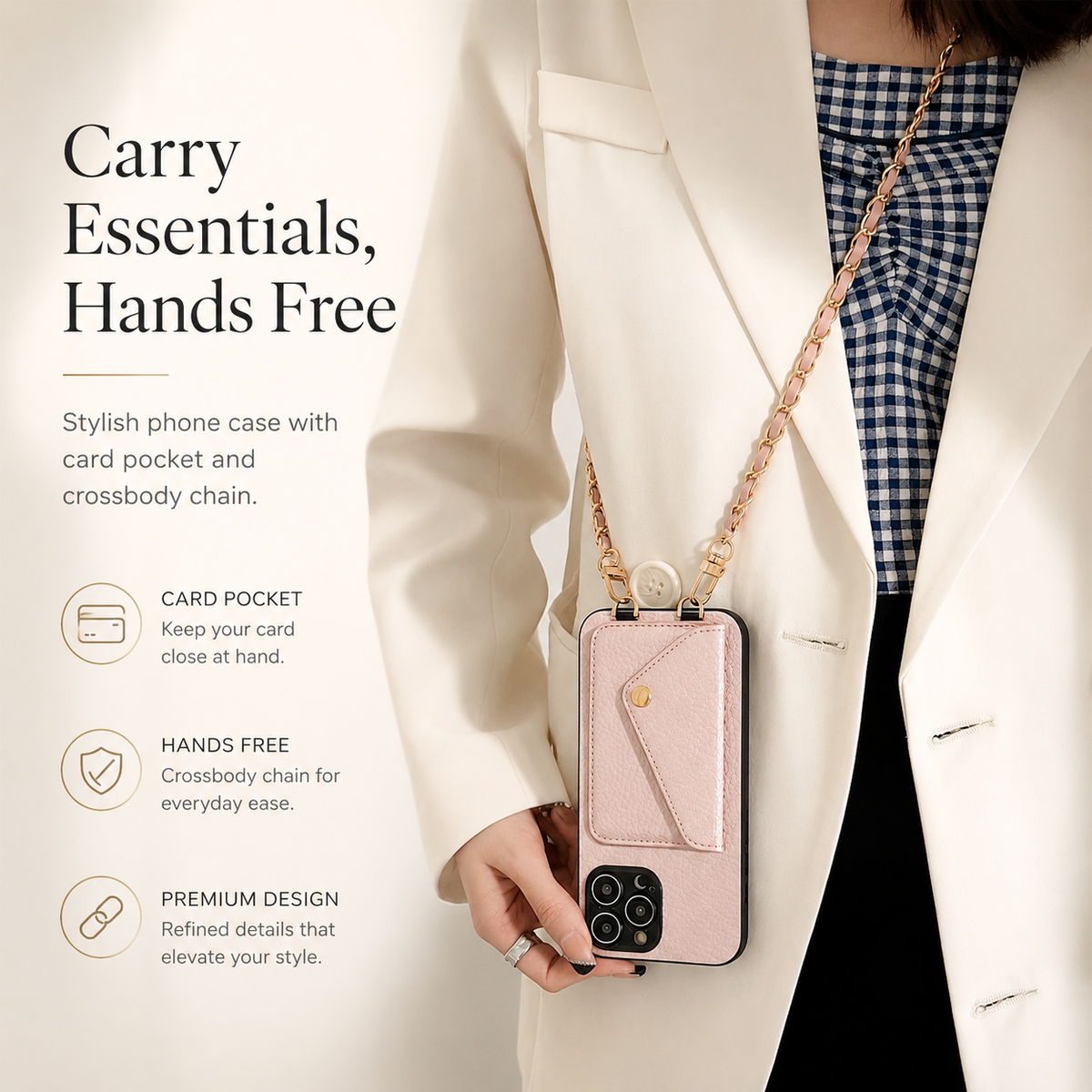 Premium iPhone Case Crossbody Wallet PU Leather Card Holder Lanyard Chain Strap Shockproof Protective Cover Non Slip Slim Lightweight Full Coverage