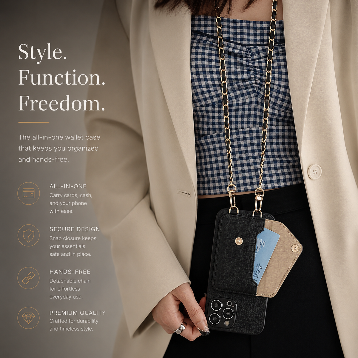 Premium iPhone Case Crossbody Wallet PU Leather Card Holder Lanyard Chain Strap Shockproof Protective Cover Non Slip Slim Lightweight Full Coverage