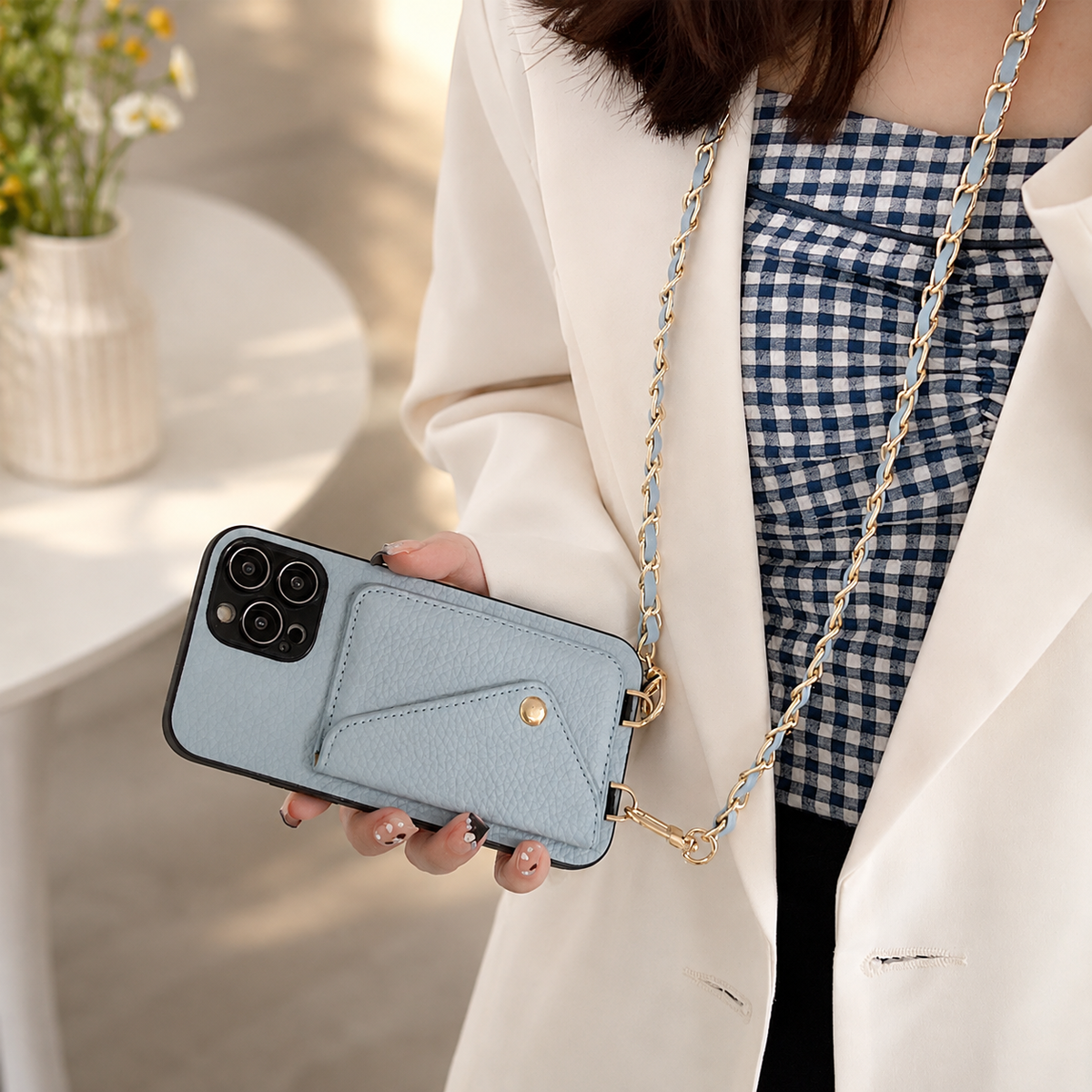 Premium iPhone Case Crossbody Wallet PU Leather Card Holder Lanyard Chain Strap Shockproof Protective Cover Non Slip Slim Lightweight Full Coverage