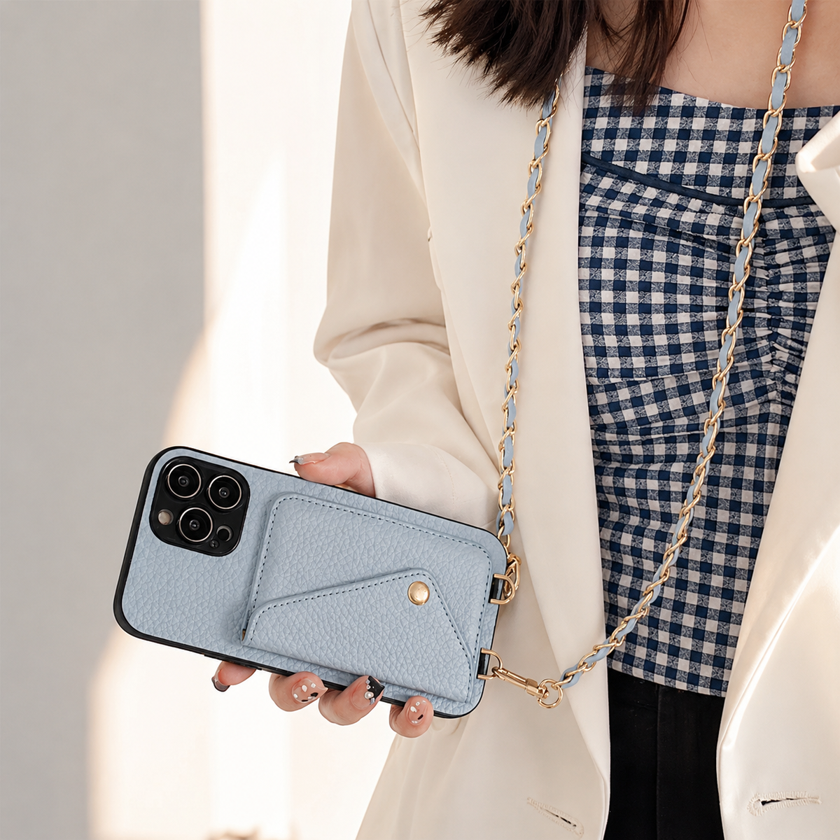 Premium iPhone Case Crossbody Wallet PU Leather Card Holder Lanyard Chain Strap Shockproof Protective Cover Non Slip Slim Lightweight Full Coverage