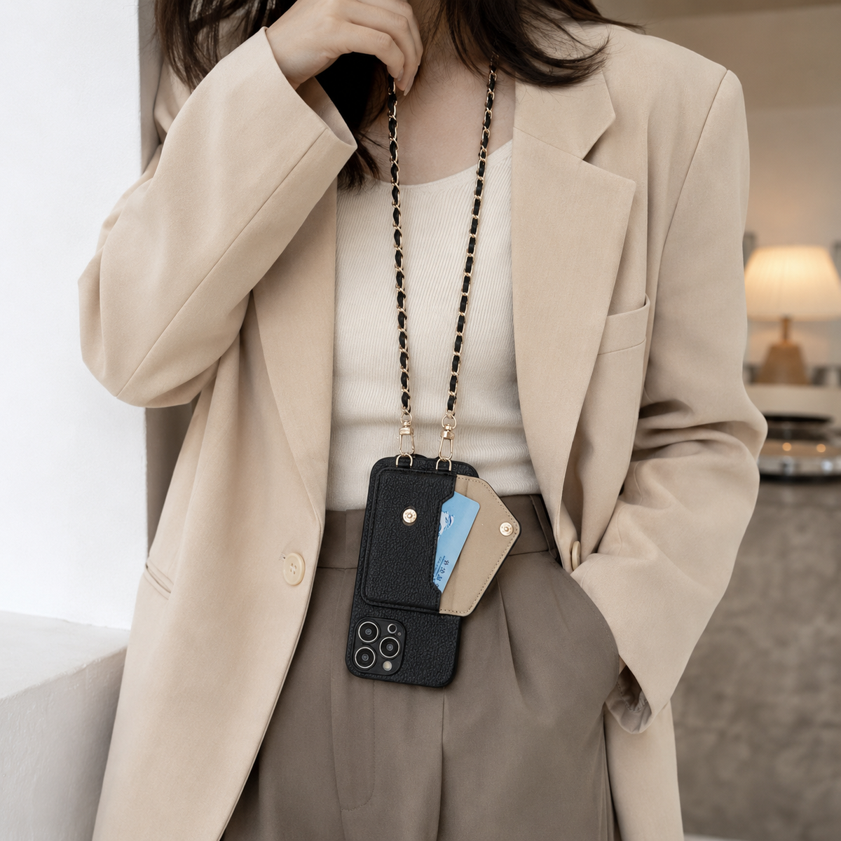 Premium iPhone Case Crossbody Wallet PU Leather Card Holder Lanyard Chain Strap Shockproof Protective Cover Non Slip Slim Lightweight Full Coverage
