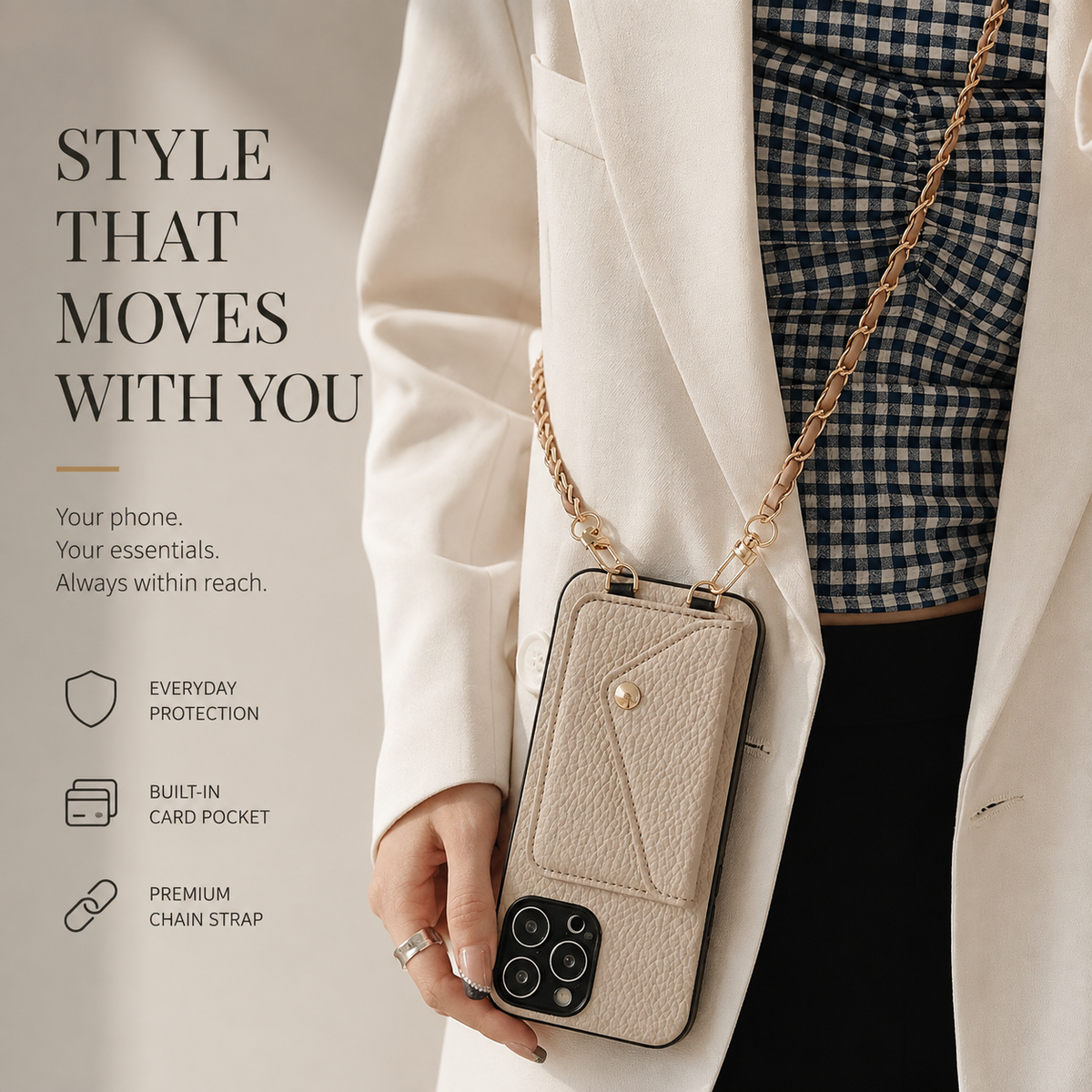 Premium iPhone Case Crossbody Wallet PU Leather Card Holder Lanyard Chain Strap Shockproof Protective Cover Non Slip Slim Lightweight Full Coverage