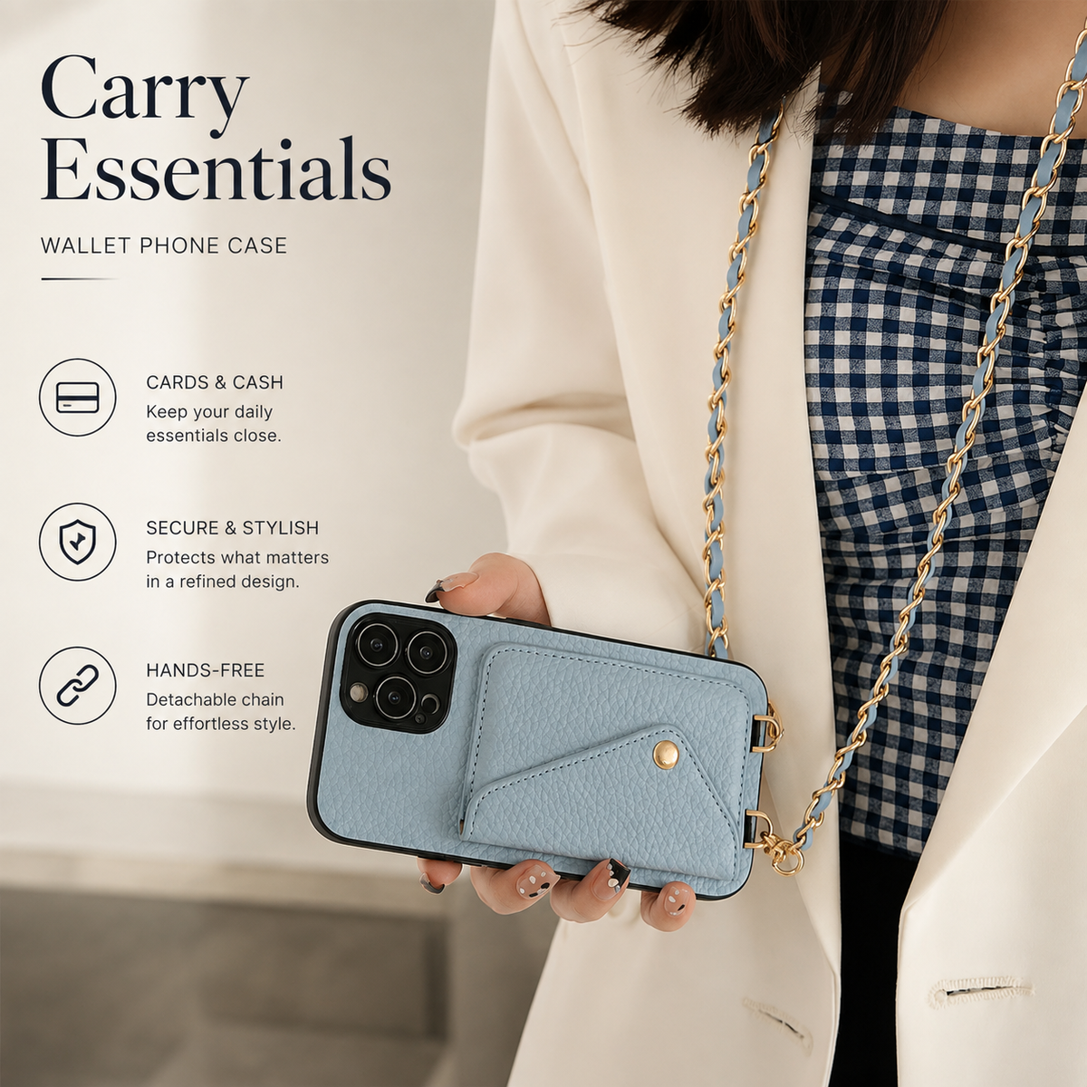 Premium iPhone Case Crossbody Wallet PU Leather Card Holder Lanyard Chain Strap Shockproof Protective Cover Non Slip Slim Lightweight Full Coverage