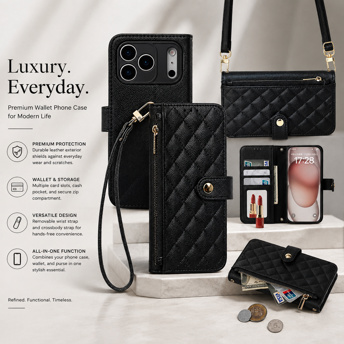 Premium iPhone Case Crossbody Wallet PU Leather Card Holder Lanyard Strap Protective Cover Anti Scratch Non Slip Slim Lightweight Secure Storage Grip