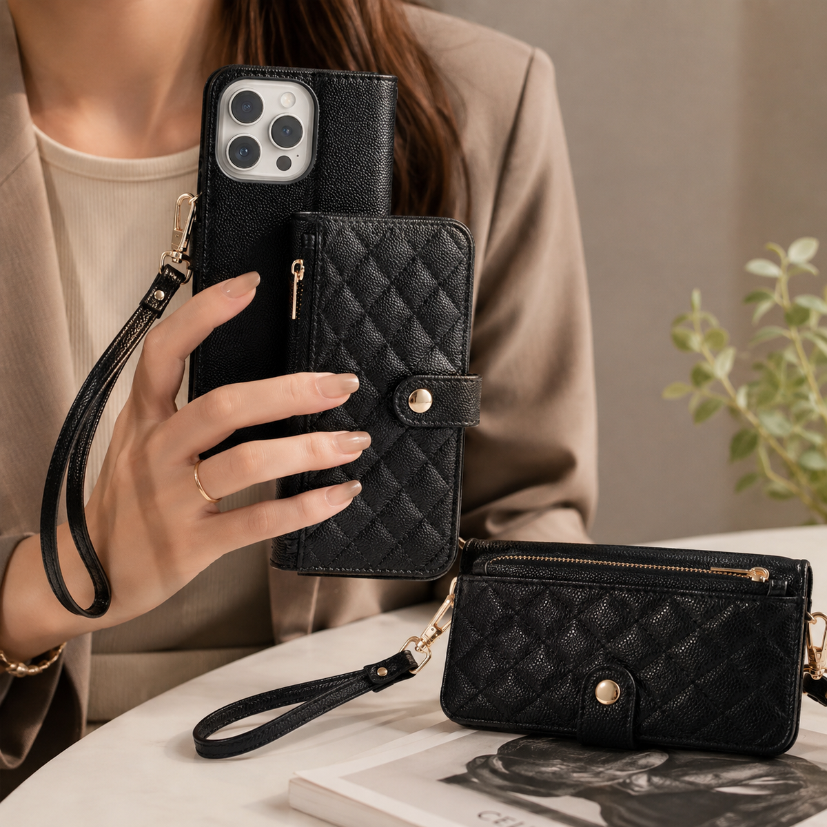 Premium iPhone Case Crossbody Wallet PU Leather Card Holder Lanyard Strap Protective Cover Anti Scratch Non Slip Slim Lightweight Secure Storage Grip